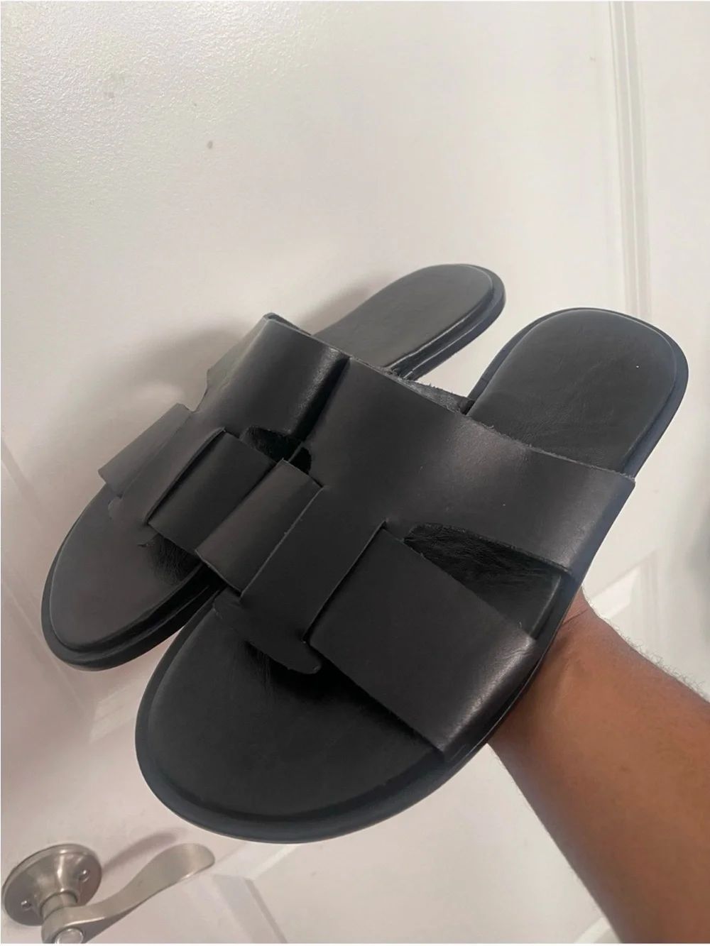 New Black Leather Mens Slide Sandals Sz 10.5